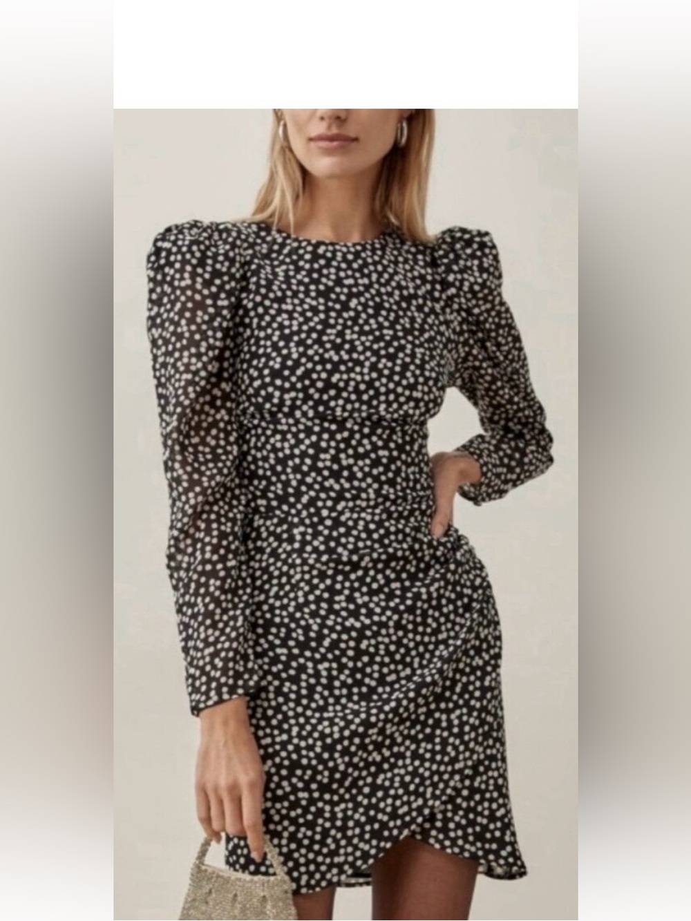 Reformation Black and White Long Sleeve Puff Shoulder Mini Dress